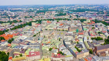Krakow, Polonya. Ana Meydan. 13. yüzyılın büyük şehir meydanı. Tarihi merkezin görüntüsü, Havadan Görünüm  