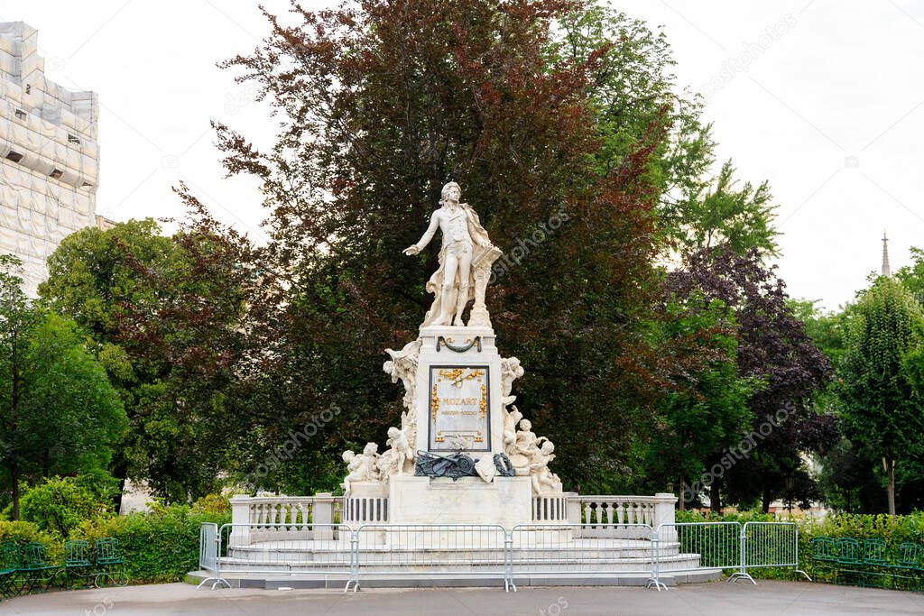 Vienna, Austria. The Mozart Monument (German: Mozart-Denkmal). Architect Karl Konig  and sculptor Viktor Tilgner . Burggarten park