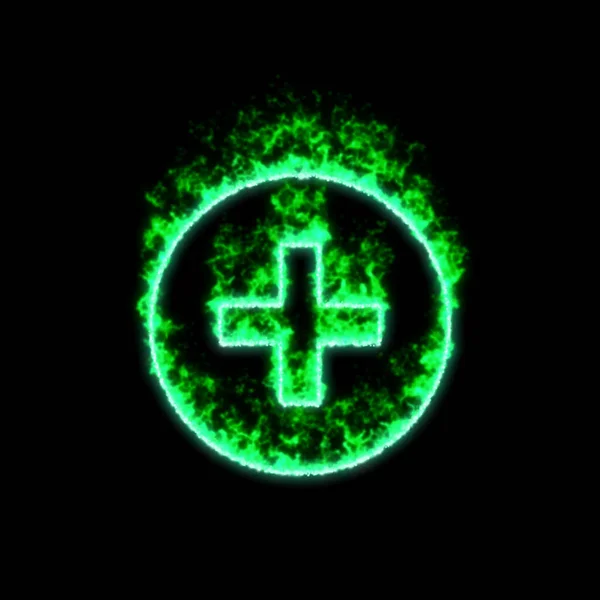 Simbolo Più Cerchio Brucia Fuoco Verde — Foto Stock