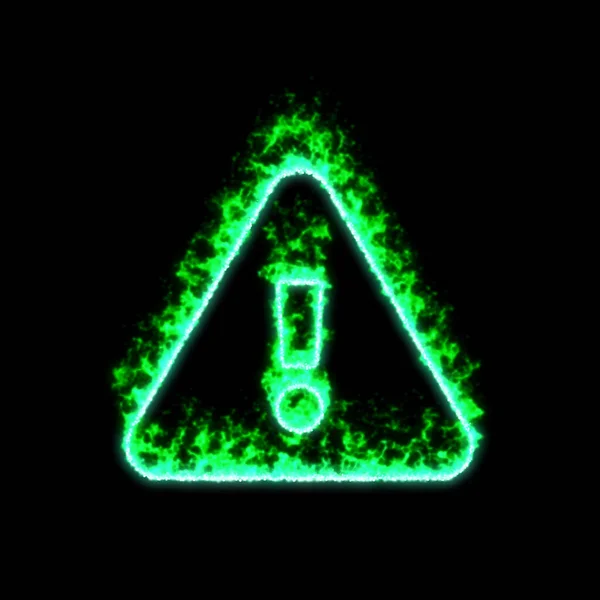象征惊叹号的三角形在绿色火中燃烧 — 图库照片