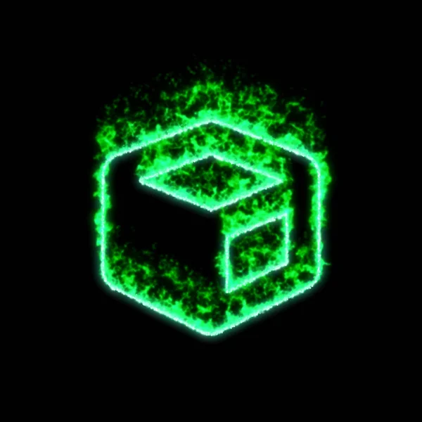 The symbol cube burns in green fire