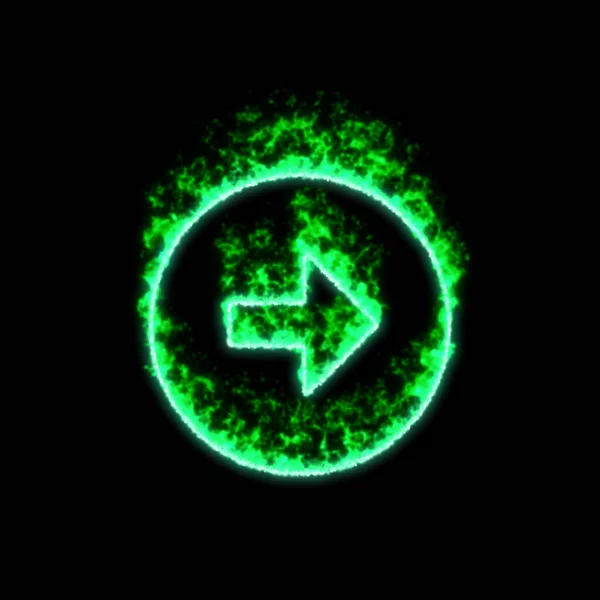 Κύκλος Βέλος Σύμβολο Δεξιά Καίει Στην Πράσινη Φωτιά — Φωτογραφία Αρχείου