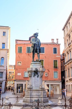 Venice, Italy - July 16, 2019: Monument to the famous Venetian, playwright, writer and lawyer Carlo Goldoni. Monumento Storico a Carlo Goldoni
