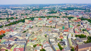 Krakow, Polonya. Ana Meydan. 13. yüzyılın büyük şehir meydanı. Tarihi merkezin görüntüsü, Havadan Görünüm  