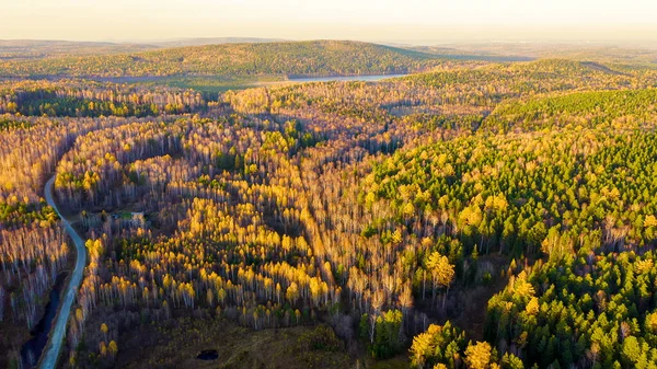 Dorf Bei Sonnenuntergang Über Den Herbstlichen Mischwald Fliegen Die Umgebung — Stockfoto
