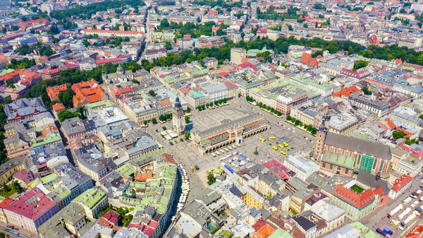 Krakow, Poland. Main Square. Big city square of the 13th century. View of the historic center, Aerial View