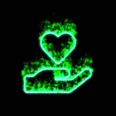 Kalbi tutan sembol el yeşil ateşte yanıyor.  