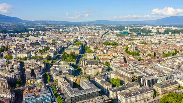 Geneva Switzerland Flying Central Part City Morning Hours Aerial View — Stock Photo, Image