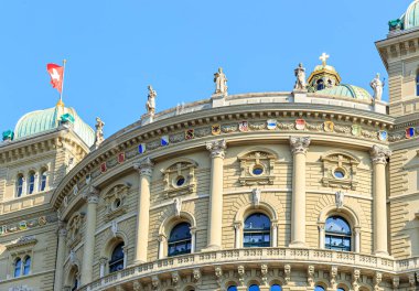 Bern, Switzerland. Bundeshaus - Federal Palace. Facade with official emblems of the regions 