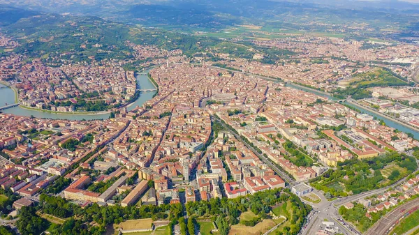 Verona Italy Flying Historic City Center Roofs Houses Summer Aerial — Stock Photo, Image