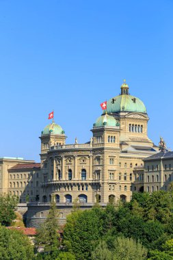 Bern, Switzerland. Bundeshaus - Federal Palace. Facade with official emblems of the regions 