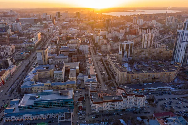 Yekaterinburg Rusland Maart 2020 Luchtfoto Van Het Centrum Tijdens Zonsondergang — Stockfoto