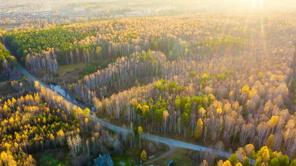 Ekaterinbourg Russie Survoler Forêt Automne Coucher Soleil Collines Route Feu — Photo