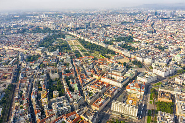 Vienna, Austria. Panorama of the city from the air. The historical part. Belvedere