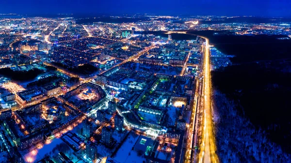Jekaterynburg Rosja Panorama Nocnego Miasta Anteny Światła Uliczne Oświetlone Latarniami — Zdjęcie stockowe