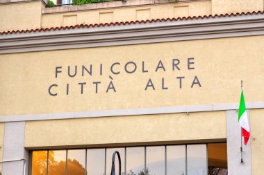 Bergamo, Italy - July 15, 2019: Lower Station Funicolare Bergamo Alta. Viale Vittorio Emanuele II Street. Rainy weather