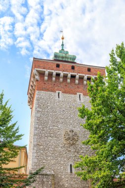 Krakow, Poland - July 21, 2019: Elements of the tower of the Florian's Gate in Krakow. Built around the 14th century