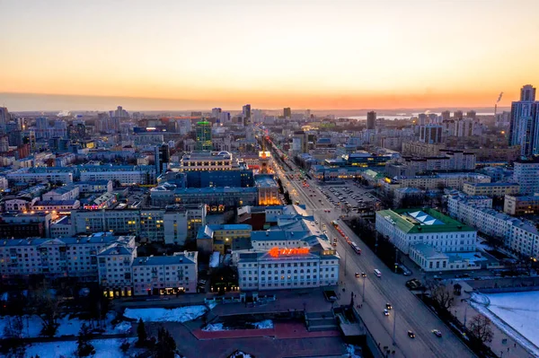 Jekaterinburg Russland März 2020 Luftaufnahme Der Stadt Nach Sonnenuntergang Hauptplatz — Stockfoto