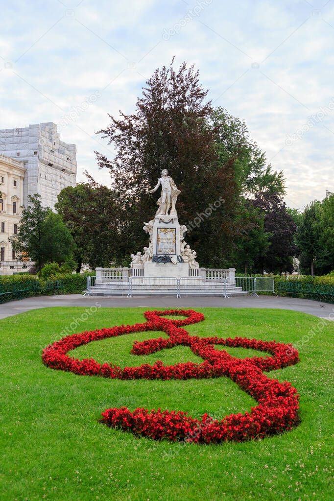 Vienna, Austria. The Mozart Monument (German: Mozart-Denkmal). Architect Karl Konig (1841-1915) and sculptor Viktor Tilgner (1844-1896). Burggarten park