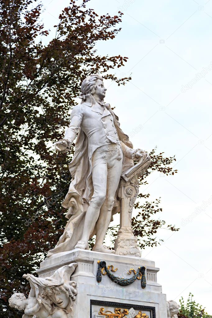 Vienna, Austria. The Mozart Monument (German: Mozart-Denkmal). Architect Karl Konig (1841-1915) and sculptor Viktor Tilgner (1844-1896). Burggarten park