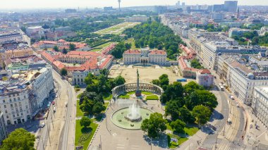 Vienna Austria Monument to Soviet soldiers EN:ETERNAL GLORY TO HEROES OF THE RED ARMY, KILLED IN BATTLES WITH GERMANY-Fascist invaders FOR THE FREEDOM AND INDEPENDENCE OF THE PEOPLES OF EUROPE, Aerial View  