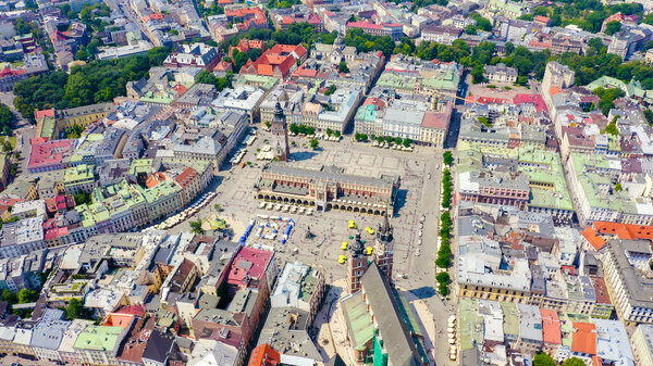 Krakow, Poland. Main Square. Big city square of the 13th century. View of the historic center, Aerial View