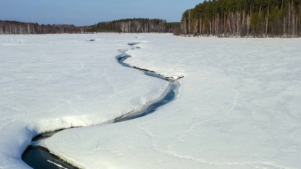 Volando Invierno Sobre Pantano Cubierto Bosque Pequeño Río Nieve Vista — Foto de Stock