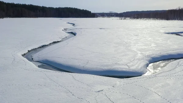 Flying Winter Swamp Covered Forest Small River Snow Aerial View — Stock Photo, Image