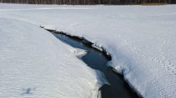 Voler Hiver Dessus Marécage Couvert Forêt Petite Rivière Dans Neige — Photo