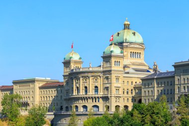 Bern, Switzerland. Bundeshaus - Federal Palace. Facade with official emblems of the regions 