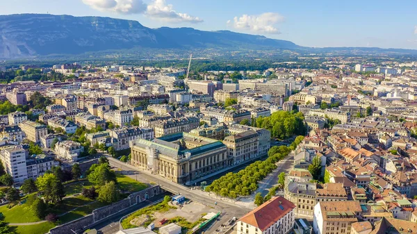 Geneva, Switzerland. Flight over the central part of the city. Geneva Museum of Art and History, Aerial View