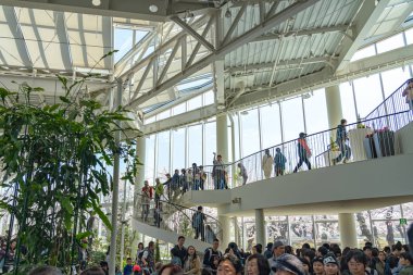 Hokkaido, Japonya - 29 Nisan 2019: Goryokaku Kulesinin iç lobisi. İnsanlar ilkbaharda buraya çiçek açan kiraz çiçeklerinin tadını çıkarmaya gelirler. Ziyaretçiler gözlem güvertesine asansör bekliyor.