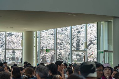 Hokkaido, Japonya - 29 Nisan 2019: Goryokaku Kulesinin iç lobisi. İnsanlar ilkbaharda buraya çiçek açan kiraz çiçeklerinin tadını çıkarmaya gelirler. Ziyaretçiler gözlem güvertesine asansör bekliyor.