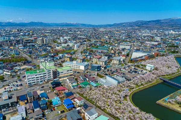 Goryokaku park under våren körsbärsblomma säsong (april, maj), flygfoto i solig dag. besökare njuta av den vackra fulla blomman sakura blommor i Hakodate stad, Hokkaido, Japan - April 29 2019 — Stockfoto