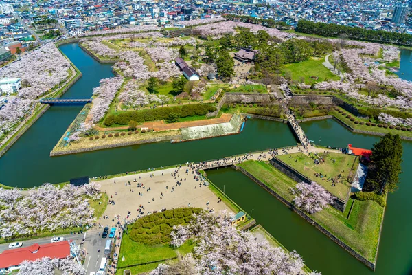 Parque Goryokaku en primavera estación de flores de cerezo (abril, mayo), vista aérea fortaleza en forma de estrella en el día soleado. los visitantes disfrutan de las hermosas flores de sakura de flor completa en la ciudad de Hakodate, Hokkaido, Japón — Foto de Stock