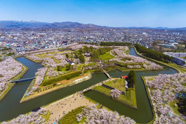 Goryokaku park v jarním období třešňových květů (duben, květen), letecká vyhlídková pevnost ve tvaru hvězdy za slunečného dne. Návštěvníci vychutnat krásné plné květ sakura květiny ve městě Hakodate, Hokkaido, Japonsko — Stock fotografie
