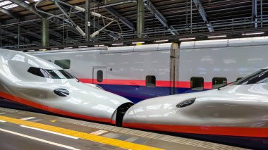 Küçük Niigata İstasyonu 'ndaki Joetsu Shinkansen Max Toki kombinasyonu ve ayrılma. Niigata Şehri, Niigata Bölgesi, Japonya