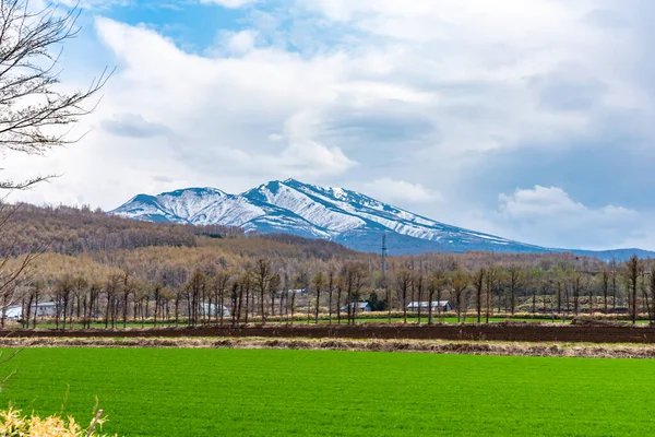 乡村风景 在高纬度乡村春天里 绵延的山脉 农田和蓝天 白云密布 阳光明媚 — 图库照片