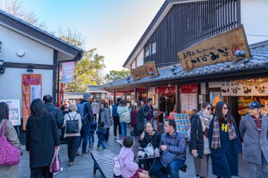 Kumamoto Bölgesi, Japonya - Ocak 01 2020: Sakura-no-Baba Johsaien, Kumamoto şehrinde yeni yıl tatili sırasında. Ziyaretçilere yiyecek, tarih ve kültür gelenekleri sevilen bir turizm merkezi