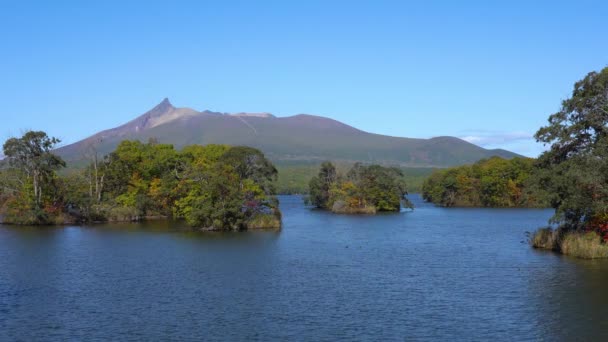 Landschappelijk Uitzicht Vanaf Lake Onuma Zonnige Dag Met Hokkaido Koma — Stockvideo