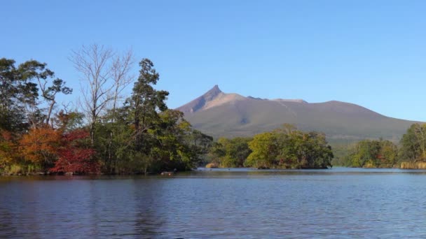 Landschappelijk Uitzicht Vanaf Lake Onuma Zonnige Dag Met Hokkaido Koma — Stockvideo