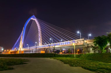 Taichung City, Tayvan - 11 Nisan 2020: Xitun Bölgesi Ekonomi ve Ticaret Alanı 'ndaki Taichung Central Park' taki Konan Ai-Qin Köprüsü 'nün yeni tarihi manzarası. Tayvan 'daki en büyük ikinci park.