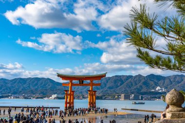 Hiroşima Bölgesi, Japonya - JAN 02 2019: Güneşli bir günde Miyajima adası körfez sahilinde yüzen kırmızı dev Grand O-Torii kapısı duruyor. Itsukushima Tapınağı, Hiroşima 'da Yeni Yıl Hatsumode