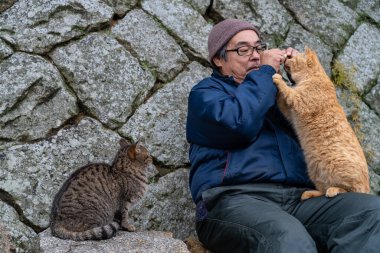 Hiroşima Eyaleti, Japonya - 29 DEC 2019: Onomichi City 'deki Neko-no-Hosomichi Kedi Sokağı. Ziyaretçiler burada kedilerle besleniyor ve oynuyorlar.