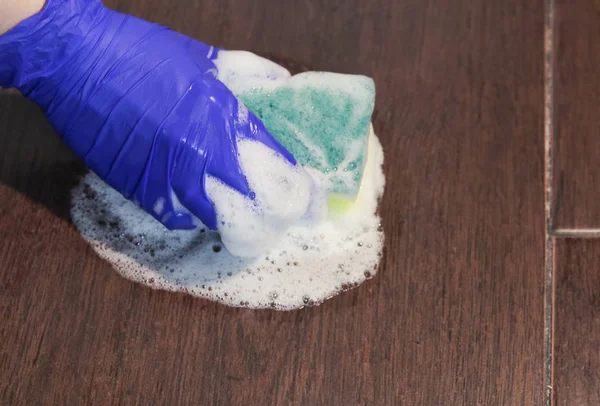 Closeup mavi koruyucu lastik eldiven kadının ellerinde