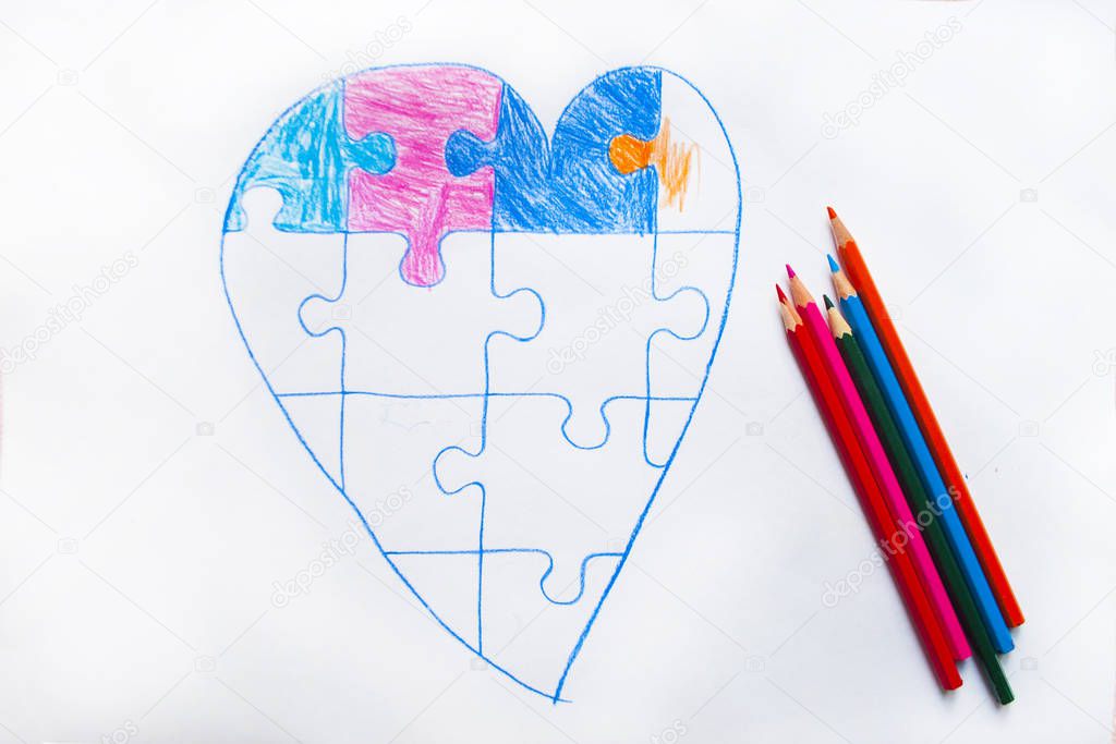 Colorful drawn heart on white background.
