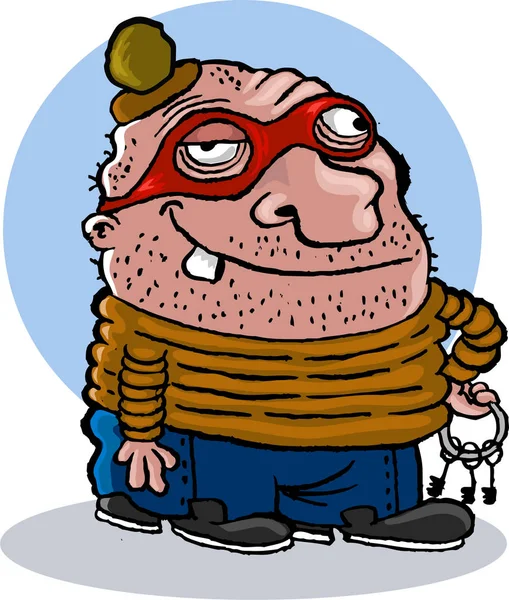 Çizgi film hırsız ile anahtar taşı. Hırsız illüstrasyon gülümseyerek. Gece bir maske ve hırsızlık için hazır giyen hırsız