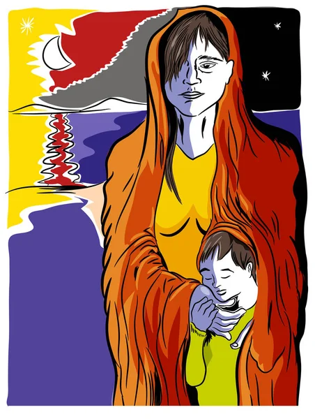 Mülteciler sorunu. Anne ve çocuk mülteciler yabancıların göçmen denize yakın.