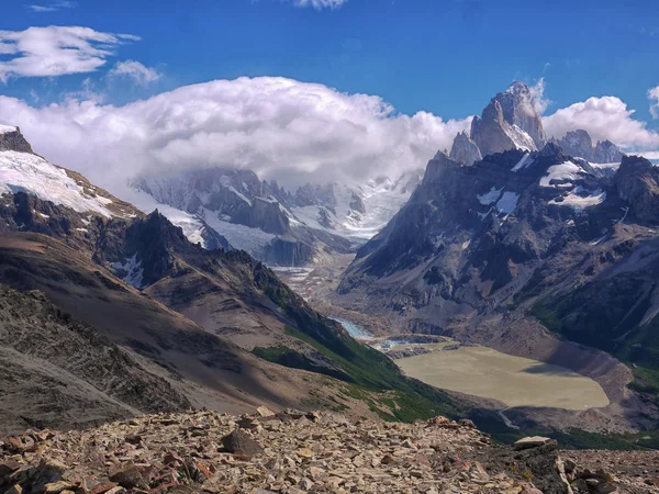 Udsigten Til Lago Tore Glacier Grande Mount Fitz Roy Omkringliggende - Stock-foto