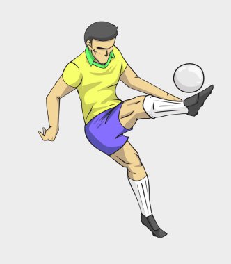 Futbol oyuncu eylem topu tekmelemek. karikatür vektör ve illüstrasyon